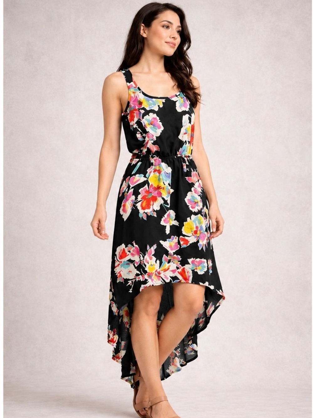 Xhilaration Black High-Low Maxi Dress with Multicolor Floral Print Sz Med